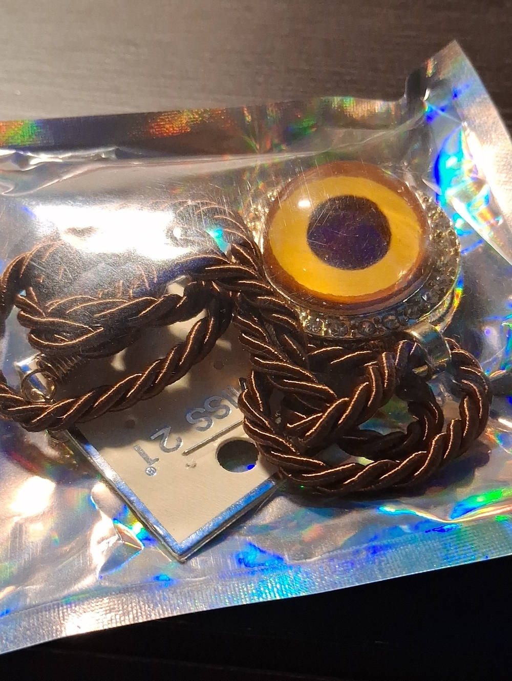 Womens Brown Braided Neckalce L with Yellow Eye Charm
